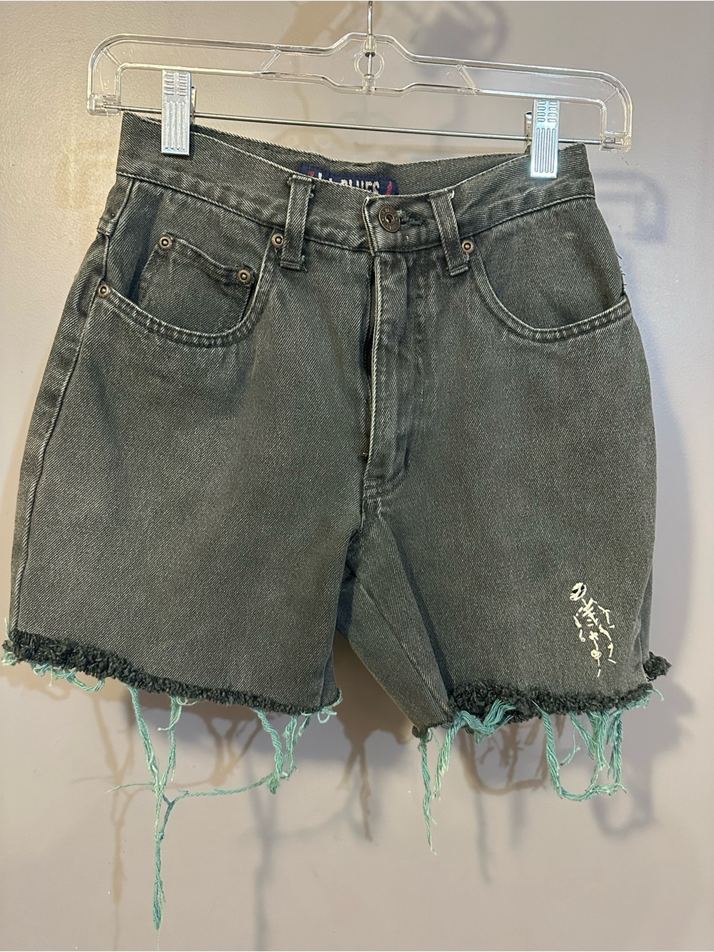 Vintage Green Distressed cotton High-Rise Denim Shorts Teal Fringe by L.A Blues